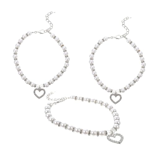 ORFOFE 3 Stück Teiliges Perlen-hundehalsband mit Strassherz Anhänger Verstellbar für Kleine Hunde Katzen Eleganter Fake Pearl Schmuck für Haustier Kostüm Zubehör von ORFOFE