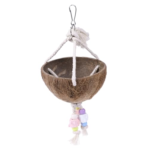 ORFOFE Natürliches Papageiennest Kokosnussschale mit Baumwollseil Bunter Perlenkette Hängende Schaukel Vogelspielzeug zum Nagen und Geeignet für Kleine Vögel und Käfigzubehör von ORFOFE