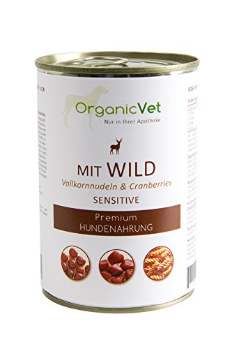 OrganicVet Hund Nassfutter Sensitive Wild mit Vollkornnudeln und Cranberries, 6er Pack (6 x 400 g) von OrganicVet