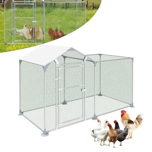 ORHEYA Freilaufgehege Hühnerstall aus Metall Hühnerhaus mit Sonnenschutzdach Schloss, Freigehege Voliere Hühner Geflügelstall Kleintiergehege (2 x 1 x 1,4 m) von ORHEYA