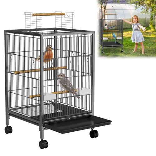 ORHEYA Vogelkäfig mit Rollen – Vogelvoliere für Wellensittiche, Papageien und Sittiche – Wellensittichkäfig inkl. Holzstangen und Futternäpfe, Vogelhaus Typ D von ORHEYA