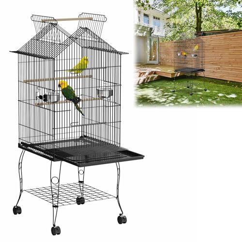 ORHEYA Vogelkäfig mit Rollen und Ständer – Vogelvoliere für Wellensittiche, Papageien und Sittiche – Wellensittichkäfig inkl. Holzstangen und Futternäpfe, Vogelhaus Typ A von ORHEYA