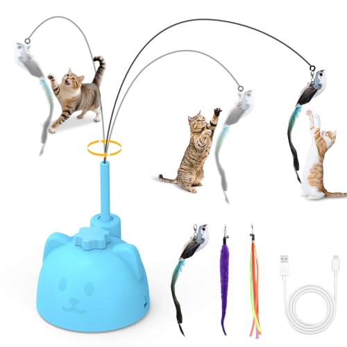 ORIA Elektrisches Interaktives Katzenspielzeug, Teaser Katzen Zauberstab Spielzeug mit 3 Zubehörteile (Vogel/Band/Raupe), Wiederaufladbares Spielzeug für Indoor Katzen - Blau von ORIA