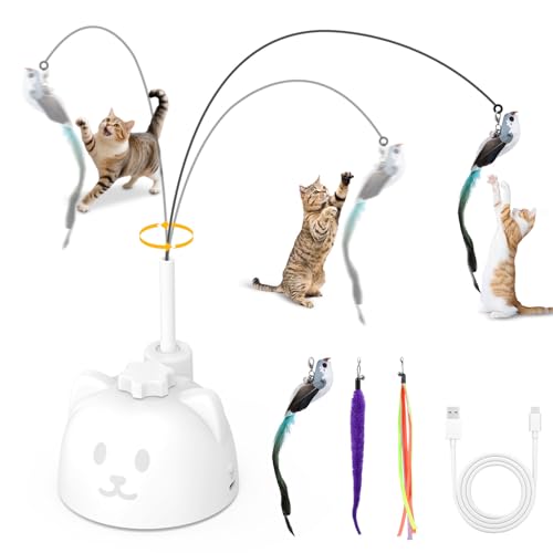 ORIA Elektrisches Interaktives Katzenspielzeug, Teaser Katzen Zauberstab Spielzeug mit 3 Zubehörteile (Vogel/Band/Raupe), Wiederaufladbares Spielzeug für Indoor Katzen - Weiß von ORIA