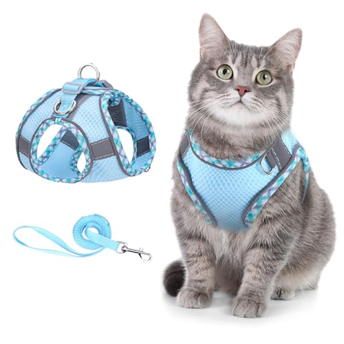 ORIA Katzengeschirr mit Leine Ausbruchsicher, Verstellbares Katzen Harness Geschirr mit Reflektierenden Streifen, Atmungsaktivem Mesh, für Katzen, Kitten, Hunde, Welpen (XXS) - Blau von ORIA