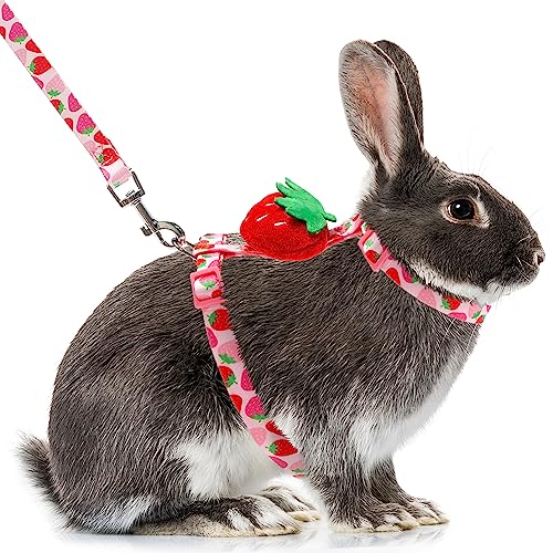 ORZECHKO Kaninchengeschirr und Leine – verstellbares Hasengeschirr, ausbruchsicher, für Spaziergänge, Laufen, Wandern, Camping, Outdoor, rosa Erdbeer-Muster, niedliches Kleintier-Geschirr-Set von ORZECHKO