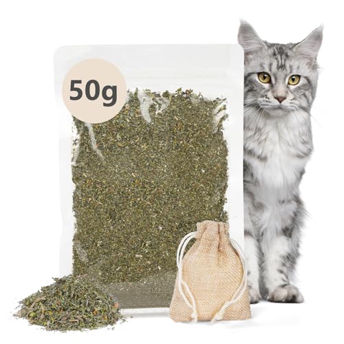 OSDUE Katzenminze mit Befüllbarem Säckchen, 100% natürliche Katzenminzenmischung, für Katzenspiele, Katzentraining und Neue Katzenminzenspielzeuge, Kratzbäume und Katzenbette(50g) von OSDUE
