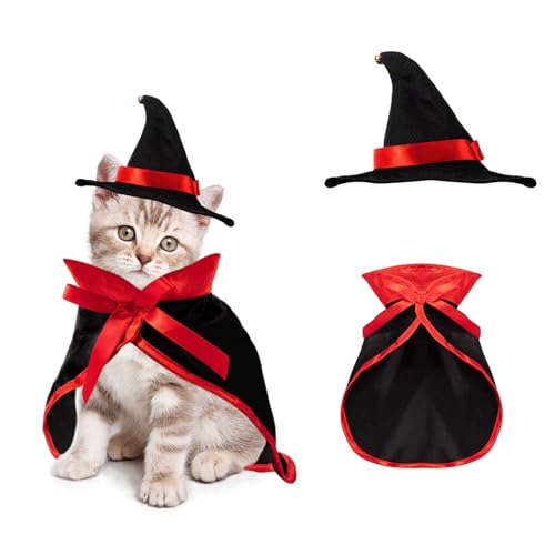 Cat Halloween Costume,1 Set Dog Costume Cloak Witch Hat with Bell,Wizard pet Halloween Outfits Cat Cape for Cats & Small Dogs Halloween Pet Dress Up Halloween Party Cosplay von OTKARXUS
