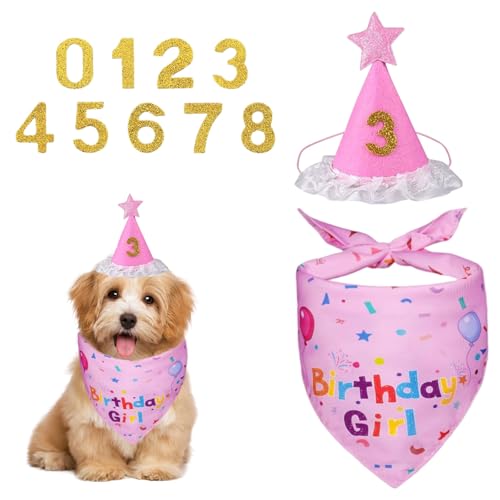 Geburtstagshut und Halstuch, niedlicher Stern-Spitzenhut, Katzenschal mit goldenen Zahlen, Haustiergeburtstagsparty-Dekoration für Haustiere, Katzen, kleine, mittelgroße Hunde (Rosa) von OTKARXUS