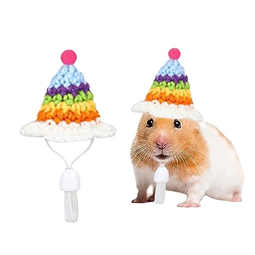 Hamsterhut, 1 x niedliche Tiermütze in Regenbogenfarben mit verstellbarem Riemen, handgestrickt, kleine Mütze, Kostümzubehör für kleine Tiere, Weihnachten, Urlaub, Party, Foto-Requisiten (Regenbogen) von OTKARXUS