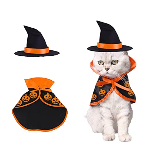 Haustier-Halloween-Kostüme, 1 Set Hunde-Zauberer-Kostüm, Katzenumhang mit verstellbarem Hexenhut, Halloween-Katzen-Outfit, Kürbis-Umhang für Katzen und kleine Hunde, Halloween-Haustier-Verkleiden von OTKARXUS