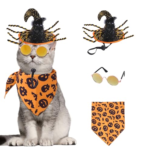 Haustier Halloween Kostüme, 3 Stück Hundekatze Spinnenhut mit Kürbisdreieck -Schal und Gläser, Hunde Halloween Outfits für Katzen kleine mittelgroße Hunde von OTKARXUS
