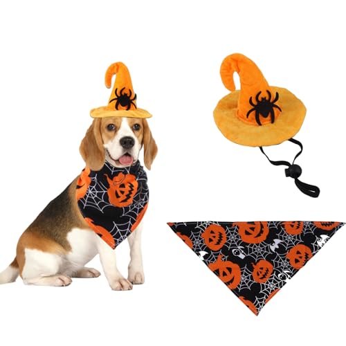 Hund Hut,2 Pack Pack Spider Hexenhut und Kürbisspinnen Web Hund Bandana,Hunde Halloween Kostüm Haustier Zubehör für Katzen kleine mittelHunde von OTKARXUS