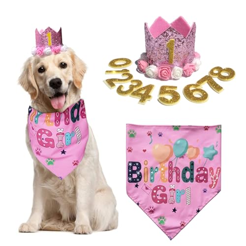 Hunde-Geburtstags-Halstuch, Haustier-Geburtstagsparty-Dekoration, Blume, Hundekrone, Katze, Geburtstags-Schal mit goldenen Zahlen für Haustiere, Katzen, kleine, mittelgroße Hunde (Rosa) von OTKARXUS