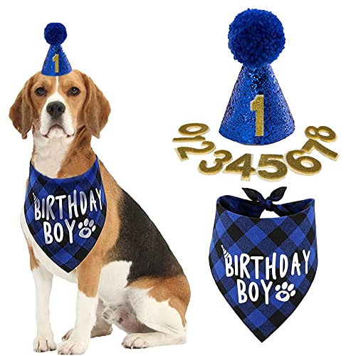 Hunde-Geburtstagsparty-Zubehör,Wiederverwendbarer Hunde-Geburtstagshut und Bandana mit Zahlen, blaue Pompon-Partymütze Haustier-Outfits Zubehör Party-Dekoration für kleine mittelgroße Hunde und Katzen von OTKARXUS