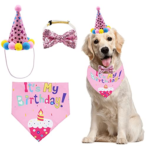 Hunde-Geburtstagsmütze, 1 Set Haustier-, Katzen-, Hunde-Party-Bandana mit niedlicher Fliege und Hut, Hunde-Geburtstagsparty-Zubehör für Kätzchen, Welpen, kleine, mittelgroße Hunde, Kostüme (rosa) von OTKARXUS
