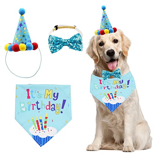 Hunde-Geburtstagsmütze, 1 Set Haustier-/Katzen-/Hunde-Party-Bandana mit niedlicher Fliege und Hut, Hunde-Geburtstagsparty-Zubehör für Kätzchen, Welpen, kleine, mittelgroße Hunde, Kostüme (blau) von OTKARXUS