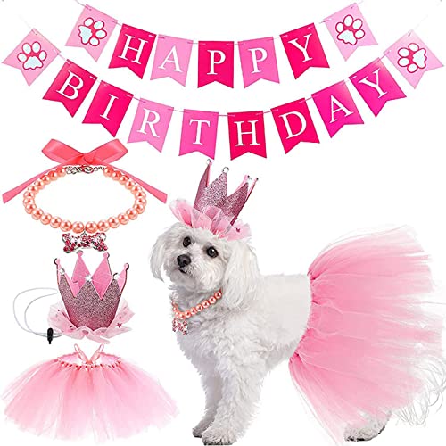 Hunde-Geburtstagsparty-Dekorationen, 4-teiliges Hunde-Kronen-Tutu-Rock, Haustier-Perlenkette und Happy Birthday-Banner-Set, Dekoration für Haustierbedarf, Mädchen, Rosa, Blau (Pink) von OTKARXUS