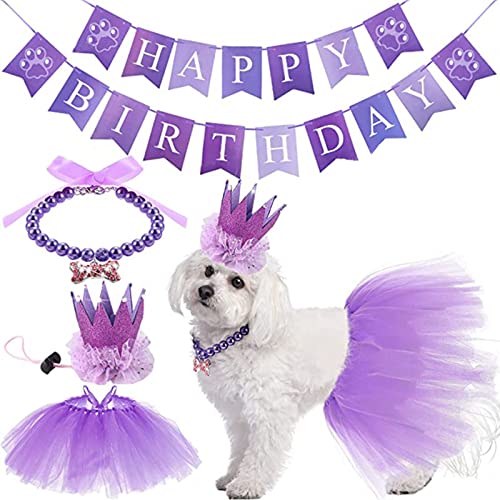 Hunde-Geburtstagsparty-Dekorationen, 4-teiliges Hunde-Kronen-Tutu-Rock, Haustier-Perlenkette und Happy Birthday-Banner-Set, Dekoration für Haustierbedarf, Mädchen, Rosa, Blau (lila) von OTKARXUS