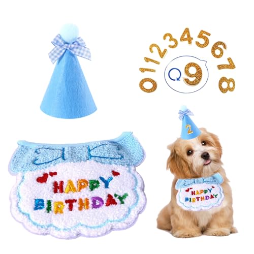 Hunde-Geburtstagsparty-Zubehör, 1 Set Hunde-Geburtstagshut und Bandana mit Zahlen, niedliche bestickte Hunde-Lätzchen, Schleife, Pompon, Partyhut, Set, Welpen, Hunde, Geburtstag, Outfit für Haustiere von OTKARXUS