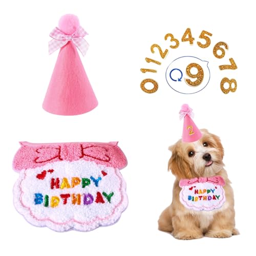 Hunde-Geburtstagsparty-Zubehör, 1 Set Hunde-Geburtstagshut und Bandana mit Zahlen, niedliche bestickte Hunde-Lätzchen, Schleife, Pompon, Partyhut, Set, Welpen, Hunde, Geburtstag, Outfit für Haustiere von OTKARXUS