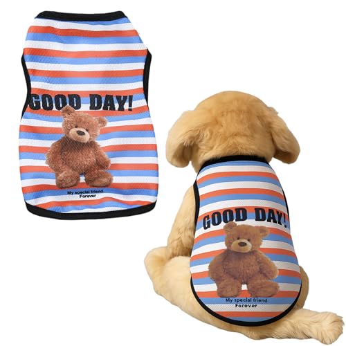Hunde-Shirt, Welpenkleidung, niedliches Bären-T-Shirt, Sommer, atmungsaktiv, Welpen-Tanktop, ärmellose Weste für kleine Hunde, Katzen-Outfit (blau-orangefarbener Streifen, Größe L) von OTKARXUS
