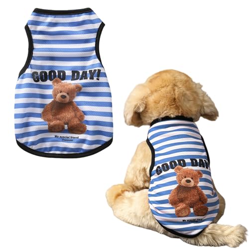 Hunde-Shirt, Welpenkleidung, niedliches Bären-T-Shirt, Sommer, atmungsaktiv, Welpen-Tanktop, ärmellose Weste für kleine Hunde, Katzen-Outfit (blauer Streifen, S) von OTKARXUS