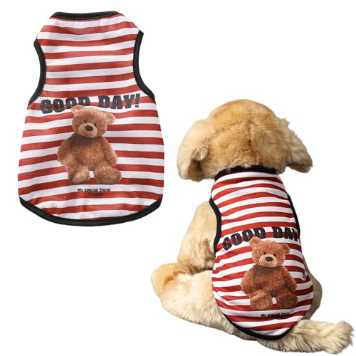 Hunde-Shirt, Welpenkleidung, niedliches Bären-T-Shirt, Sommer, atmungsaktiv, Welpen-Tanktop, ärmellose Weste für kleine Hunde, Katzen-Outfit (roter Streifen, M) von OTKARXUS
