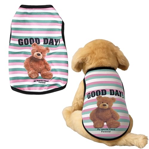 Hunde-Shirt, Welpenkleidung, niedliches Bären-T-Shirt, Sommer, atmungsaktiv, Welpen-Tanktop, ärmellose Weste für kleine Hunde und Katzen, Outfit (grün-rosa Streifen, XXL) von OTKARXUS