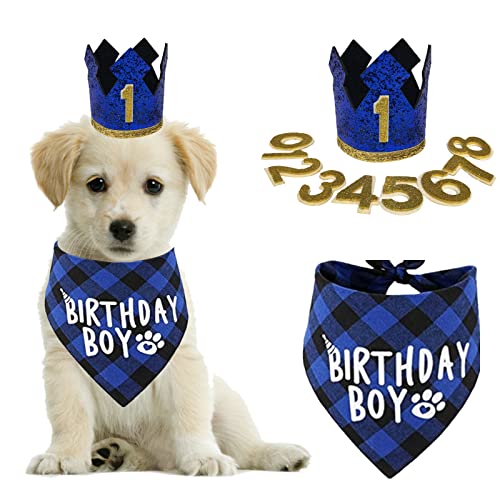 Hunde-Geburtstagsparty-Zubehör,Wiederverwendbarer Hunde-Geburtstagshut und Bandana mit Zahlen, Blaue Krone Partymütze Haustier-Outfits Zubehör Party-Dekoration für kleine mittelgroße Hunde und Katzen von OTKARXUS