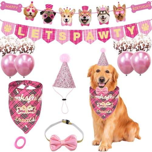 Hundegeburtstagsparty-Zubehör, Hunde-Geburtstagshut und Bandana für Junge mit Hundefliege und Luftballons, Lets Pawty Happy Birthday Banner für Haustiere, Welpen, Katzen, kleine mittelgroße Hunde von OTKARXUS