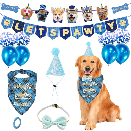 Hundegeburtstagsparty-Zubehör, Hunde-Geburtstagshut und Bandana für Mädchen mit Hundefliege und Luftballons, Lets Pawty Happy Birthday Banner für Haustiere, Welpen, Katzen, kleine mittelgroße Hunde von OTKARXUS