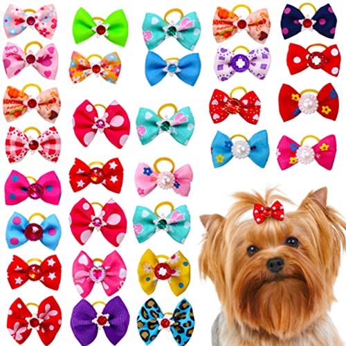 Hundehaarschleifen für kleine Hunde, 30 Stück, gemischte Farben mit Gummibändern, Strass-Perlen, langes Haar, Tierhaarschleifen, Kätzchen, Katzen, Welpen, Haustierpflege-Zubehör von OTKARXUS