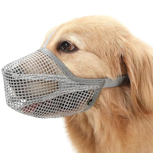 Hundemaulkorb, 1 x verstellbar, weich, Netzstoff, atmungsaktiv, verhindert Fressen, Beißen, Bellen, Mundbedeckung für kleine, mittelgroße und große Hunde (Grau M) von OTKARXUS