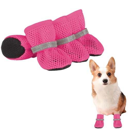 Hundeschuhe, 4 Stück, rutschfeste Sommer-Hundeschuhe, Pfotenschutz mit reflektierenden Riemen, atmungsaktiv, weiches Netzgewebe, Welpenschuhe für kleine Hunde, Katzen (Rosenrot, L) von OTKARXUS