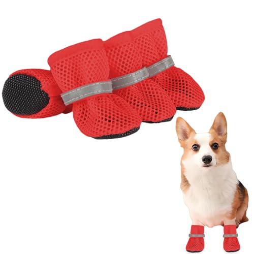 Hundeschuhe, 4 Stück, rutschfeste Sommer-Hundeschuhe, Pfotenschutz mit reflektierenden Riemen, atmungsaktiv, weiches Netzgewebe, Welpenschuhe für kleine Hunde und Katzen, Rot, Größe M Hundeschuhe, 4 Stück, rutschfeste Sommer-Hundeschuhe, Pfotenschutz mit reflektierenden Riemen, atmungsaktiv, weiches Netzgewebe, Welpenschuhe für kleine Hunde und Katzen, Rot, Größe M von OTKARXUS