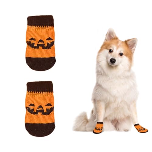 Hundesocken, 4 Stück Anti Rutsch Socken für Hunde,Dehnbare Halloween-Kürbis Strick Pfotenschutz Hundeschuhe für Haustier Verletzte Pfoten Innenbereich auf Hartholzböden von OTKARXUS