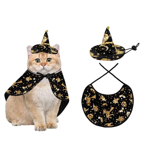 Katzen-Halloween-Kostüm, 1 Set Hundekostüm Umhang Und Hexenhut mit Glocke, Zauberer Haustier Halloween Outfits Katzen Umhang für Katzen und kleine Hunde, Halloween-Party, Cosplay von OTKARXUS