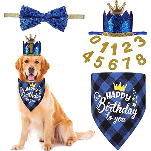 Krone Hund Geburtstagsmütze, 4 Stück, niedlicher Hunde-Geburtstagsmütze und Bandana mit Hundefliege und goldenen Zahlen, wiederverwendbar für Haustiere Welpen Katzen kleine mittelgroße Hunde (blau) von OTKARXUS