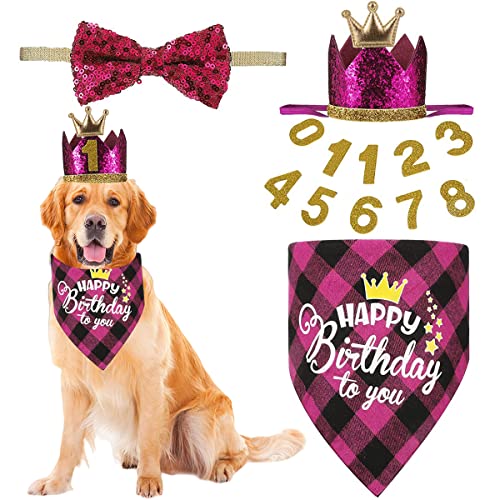 Krone-Hunde-Geburtstagsmütze, 4 Stück, niedlicher Hunde-Geburtstagsmütze und Bandana mit Hundefliege und goldenen Zahlen, wiederverwendbar für Haustiere Welpen Katzen kleine mittelgroße Hunde (rosa) von OTKARXUS