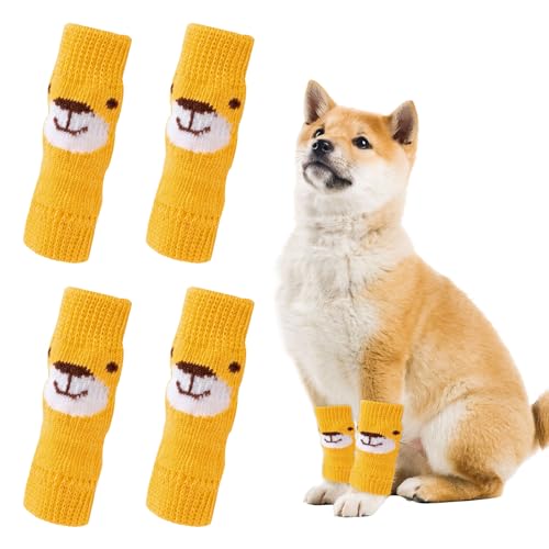 Hunde Beinwärmer, 4 Stück Winter Weiche Warme Gestrickte Hundebeinsocken, Cartoon-Tierbär Hundebeine Ärmel Gelenkschutz, geeignet für Kätzchen, Welpen, kleine, mittelgroße Hunde, Katzen (Gelb, S) von OTKARXUS