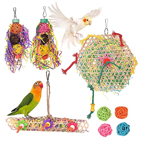 OTKARXUS Vogel-Schredderspielzeug-Set, 8-teiliges Papageien-Futtersuche-Spielzeug, Bunte Papier-Rattan-Kugeln, Spielzeug, Vogelkäfig, hängende Zubehör für Papageien, Wellensittiche, Nymphensittiche von OTKARXUS