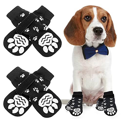 Rutschfeste Hundesocken, 4 Stück Hundestiefel mit verstellbaren Riemen für den Innenbereich auf Hartholzboden, Hundesocken mit Griffen für kleine, mittelgroße und große Hunde (Medium) von OTKARXUS