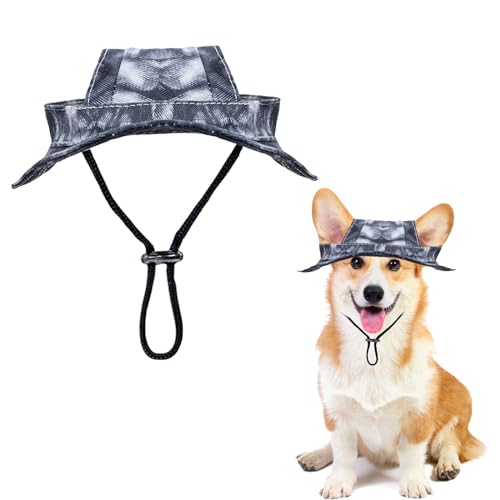 Sonnenhut für Hunde, verstellbar, Prinzessinnenhut mit Ohrlöchern, runde Krempe, Fischerhut für Welpen, kleine Hunde, Katzen, Outdoor-Sport (Schwarz, L) von OTKARXUS
