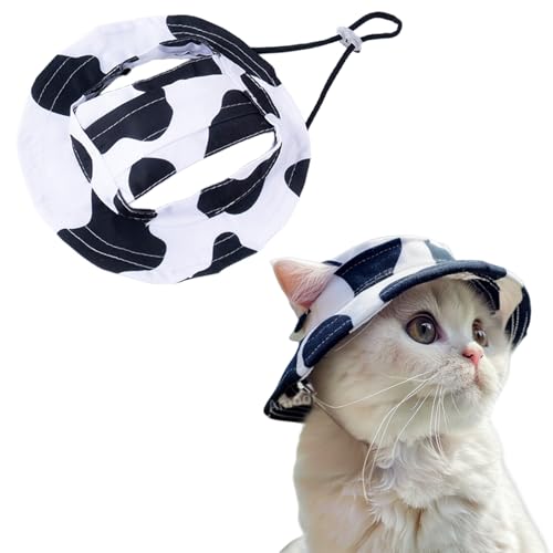 Sonnenhut für Hunde, verstellbar, Prinzessinnenhut mit Ohrlöchern, runde Krempe, Fischerhut für Welpen, kleine Hunde, Katzen, Outdoor-Sport (Schwarz/Weiß, M) von OTKARXUS