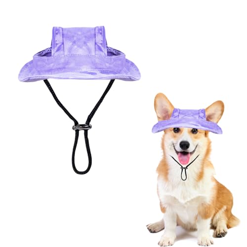 Sonnenhut für Hunde, verstellbar, Prinzessinnenhut mit Ohrlöchern, runde Krempe, Fischerhut für Welpen, kleine Hunde, Katzen, Outdoor-Sport (lila, M) von OTKARXUS
