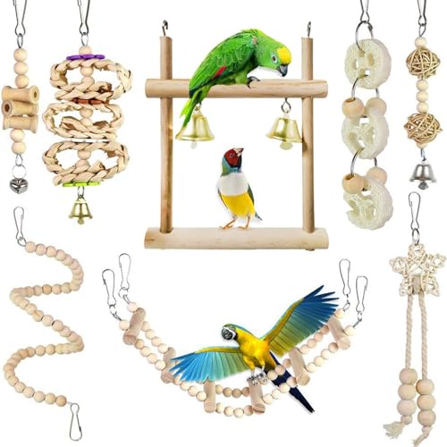 Vogelspielzeug-Set, 8 Stück, Naturholz, Papageienschaukel, Kauspielzeug, Wellensittich, Spielzeug und Zubehör, hängende Sitzstange, Hängematte, Kletterleiter für Papageien, kleine Sittiche, Vogelspielzeug-Set, 8 Stück, Naturholz, Papageienschaukel, Kauspielzeug, Wellensittich, Spielzeug und Zubehör, hängende Sitzstange, Hängematte, Kletterleiter für Papageien, kleine Sittiche, von OTKARXUS