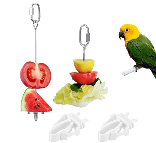 Vogelspieß,2 Stück Edelstahl Papageienspieß und 2 Stück Kunststoff-Vogelfutter-Clip-Set,Vogel Futterhalter Hängende Fruchthalter Obst Stick Clip Futtersuche Spielzeug für Papageien Wellensittiche von OTKARXUS