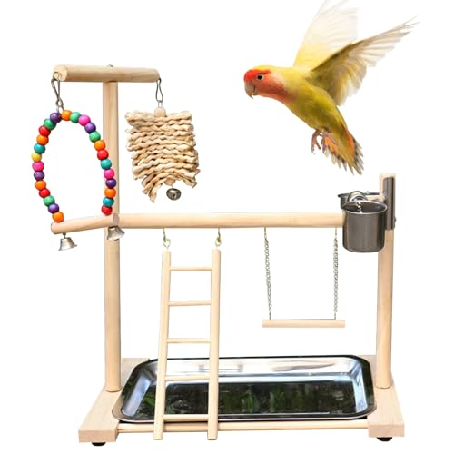 Wellensittich-Spielzeug, Naturholz, Vogelspielplatz, Papageien-Sitzstange mit Leiter, Tablett, Futterbecher und Schaukel, Vogelspielständer, Spielständer, Spielzeug, Käfigzubehör für Sittiche, Wellensittich-Spielzeug, Naturholz, Vogelspielplatz, Papageien-Sitzstange mit Leiter, Tablett, Futterbecher und Schaukel, Vogelspielständer, Spielständer, Spielzeug, Käfigzubehör für Sittiche, von OTKARXUS