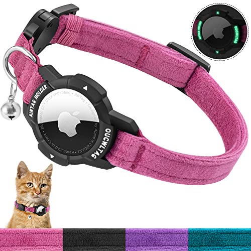 Luminous AirTag Cat Collar Breakaway, OUCWLTAG GPS Cat Collar with Apple Air Tag Halter, Cat Tracker Collars with Safety Elastic Band for Girl Boy Cats, Kittens and Puppies (7-10 Inch, Pink) von OUCWLTAG